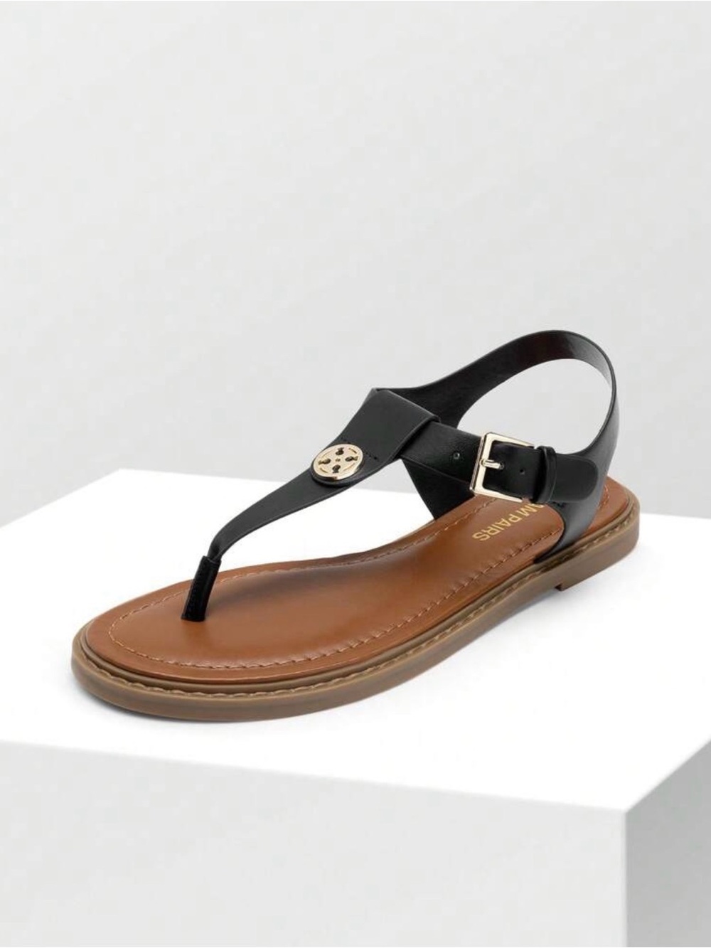 Black Leather Thong Sandal with Brown Footbed